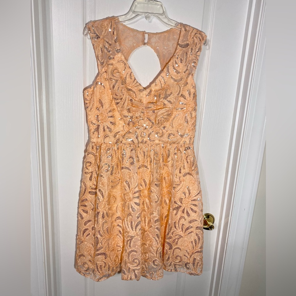 NWT Decode 1.8 Ribbon Appliqué Flowers Sequins Tulle Dress Peach Silver Size 12